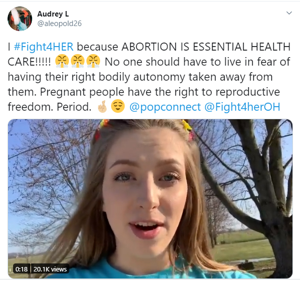 Tweet reads "I #Fight4HER because ABORTION IS ESSENTIAL HEALTH CARE!!!!! No one should have to live in fear of having their right bodily autonomy taken away from them. Pregnant people have the right to reproductive freedom. Period. @popconnect @Fight4herOH
