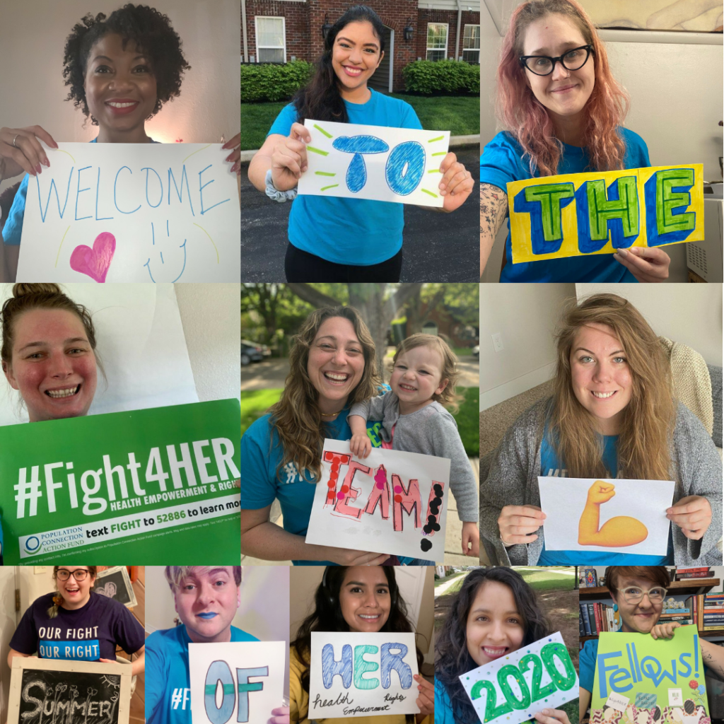 Collection of portraits with #FightforHer activists holding signs that together spell "Welcome to the #FightForHer team! Summer of Her 2020 Fellows!