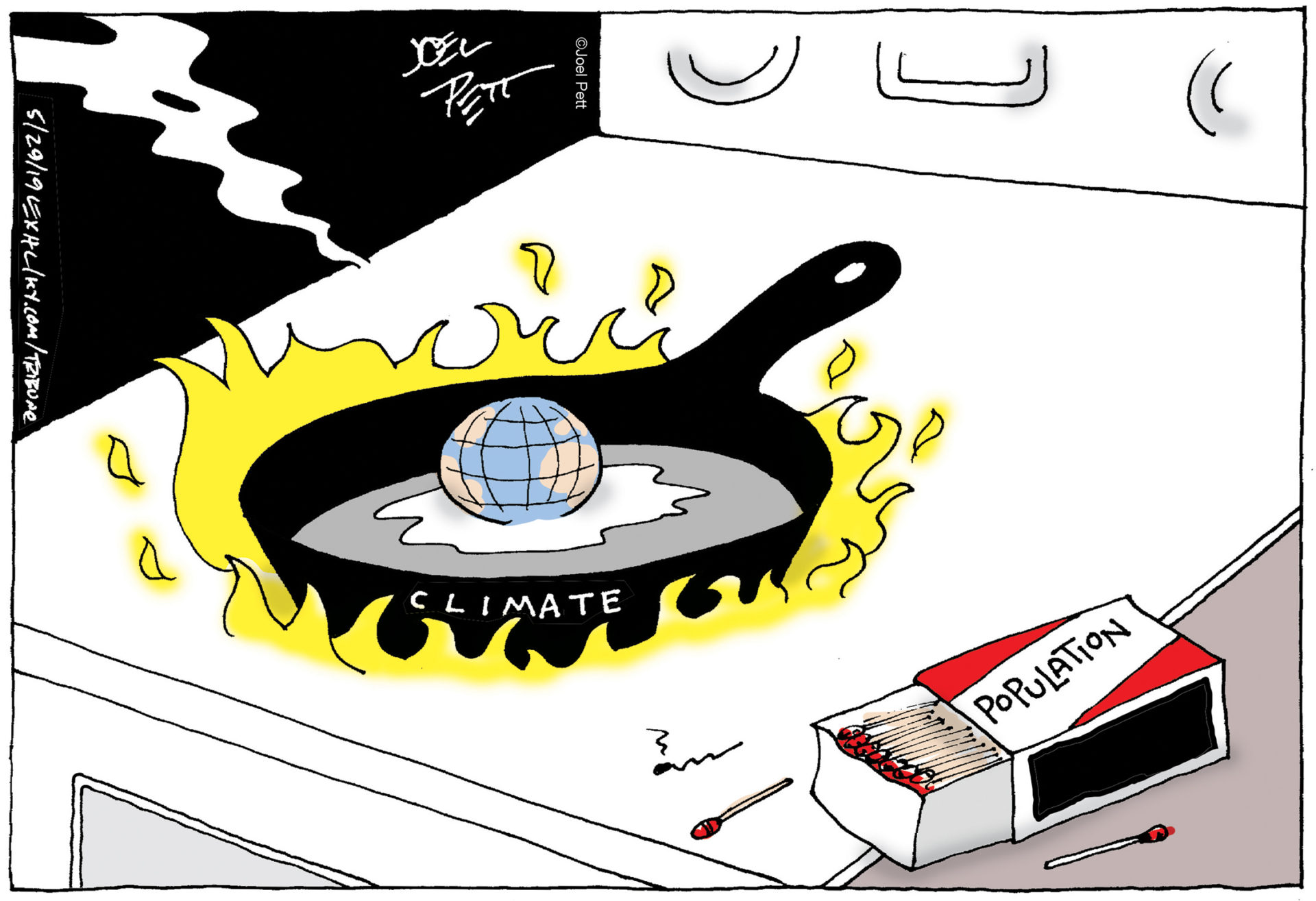 political cartoon done by joel pett showing earth melt in a climate skillet over a fire started by population matches.