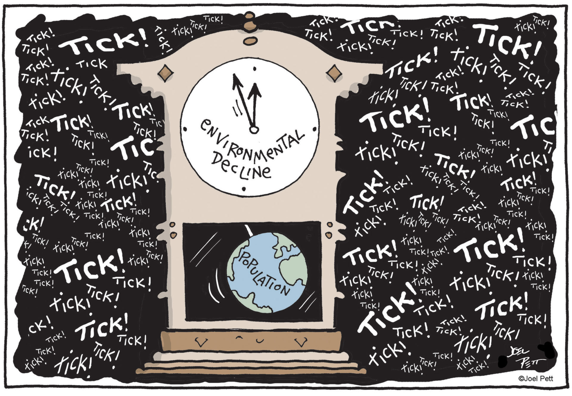a political cartoon depicting an old pendulum clock. The pendulum is the earth with 