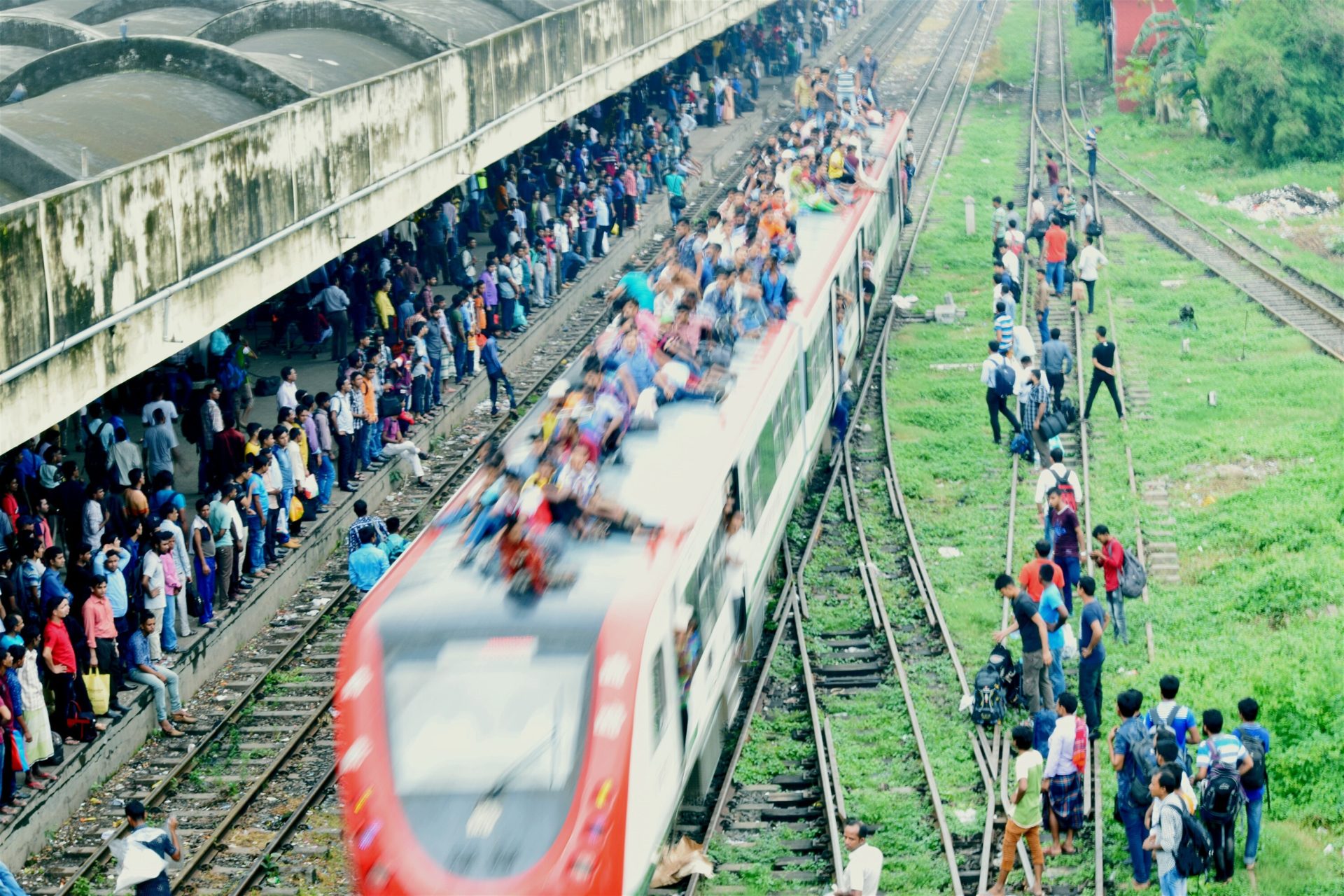 High Angle View Of People On Railroad Tracks, Bangladesh