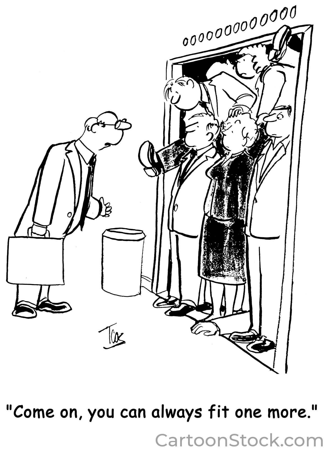 cartoon of an elevator full of people and a man trying to get on; text below says 