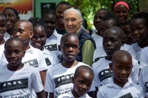 Jane Goodall with children from Roots & Shoots program