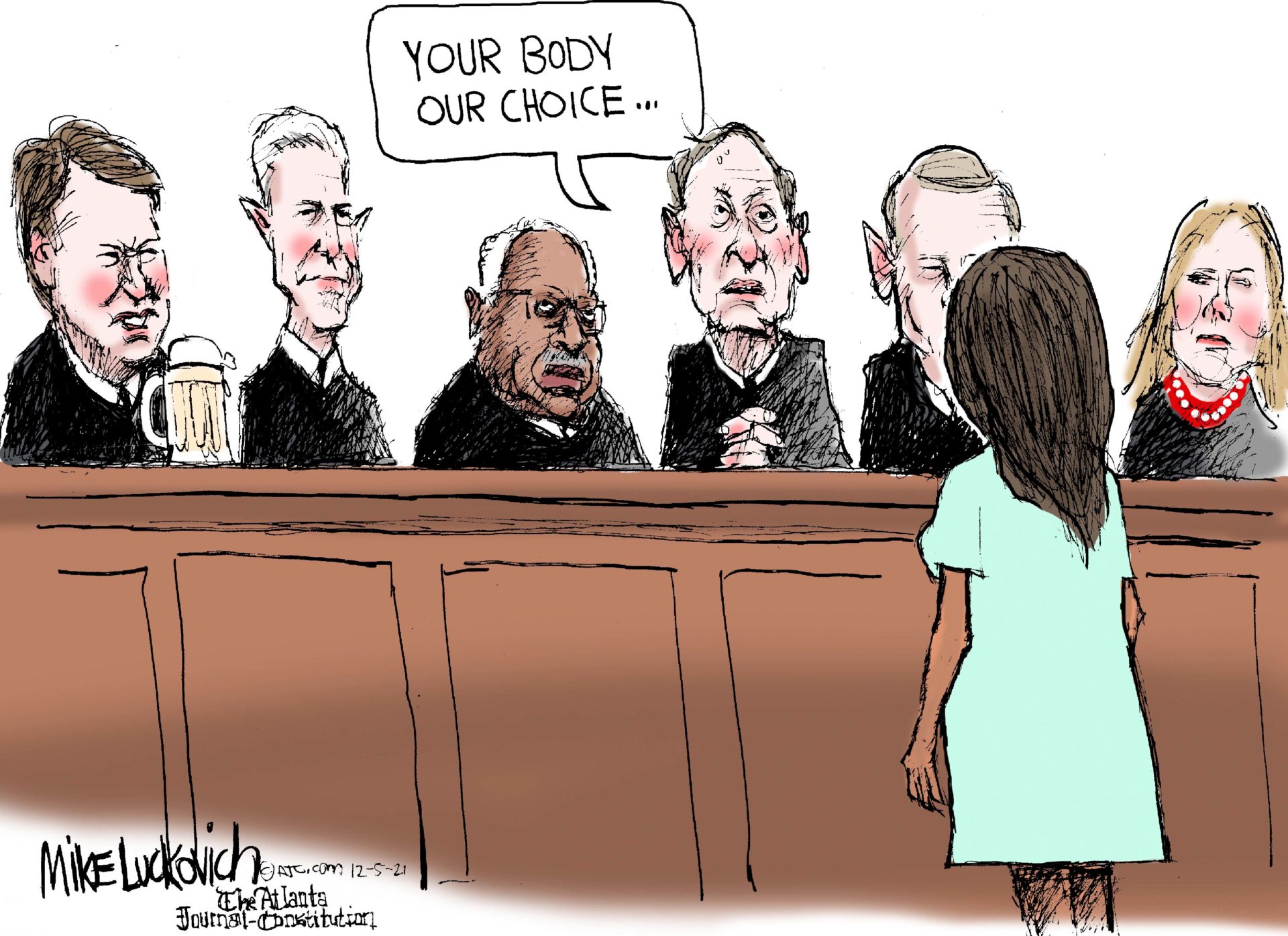 cartoon of conservative Supreme Court justices telling woman 