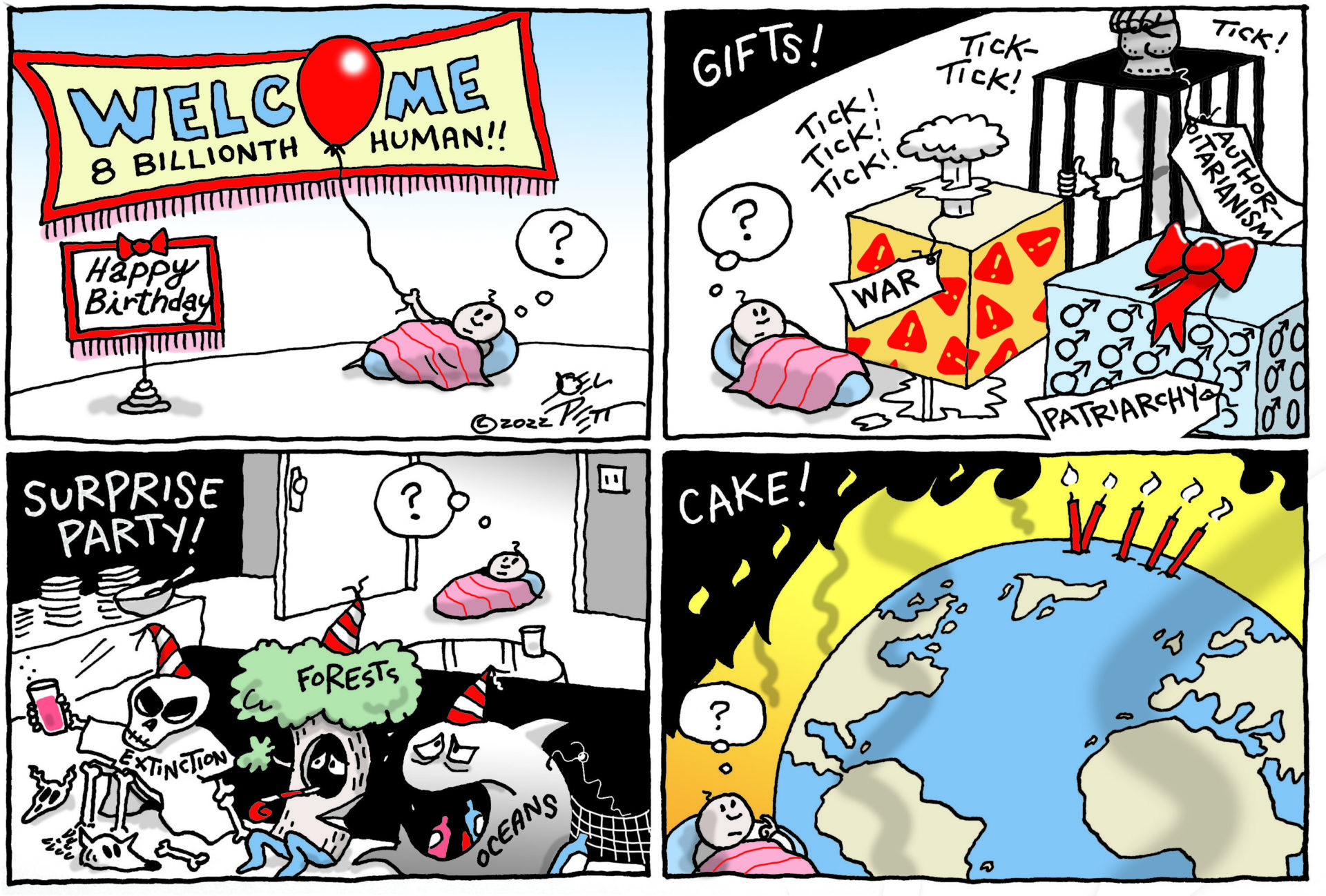 cartoon about 8 billionth baby facing global challenges