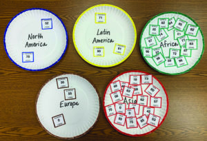 five paper plates with the names of the major world regions on them