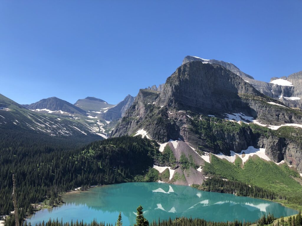 Landscape view of Glacier National Park on a clear day.