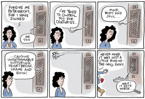 Cartoon by Joel Pett. Woman goes to confession but instead priest confesses to her the sins of the Church's patriarchal ways.