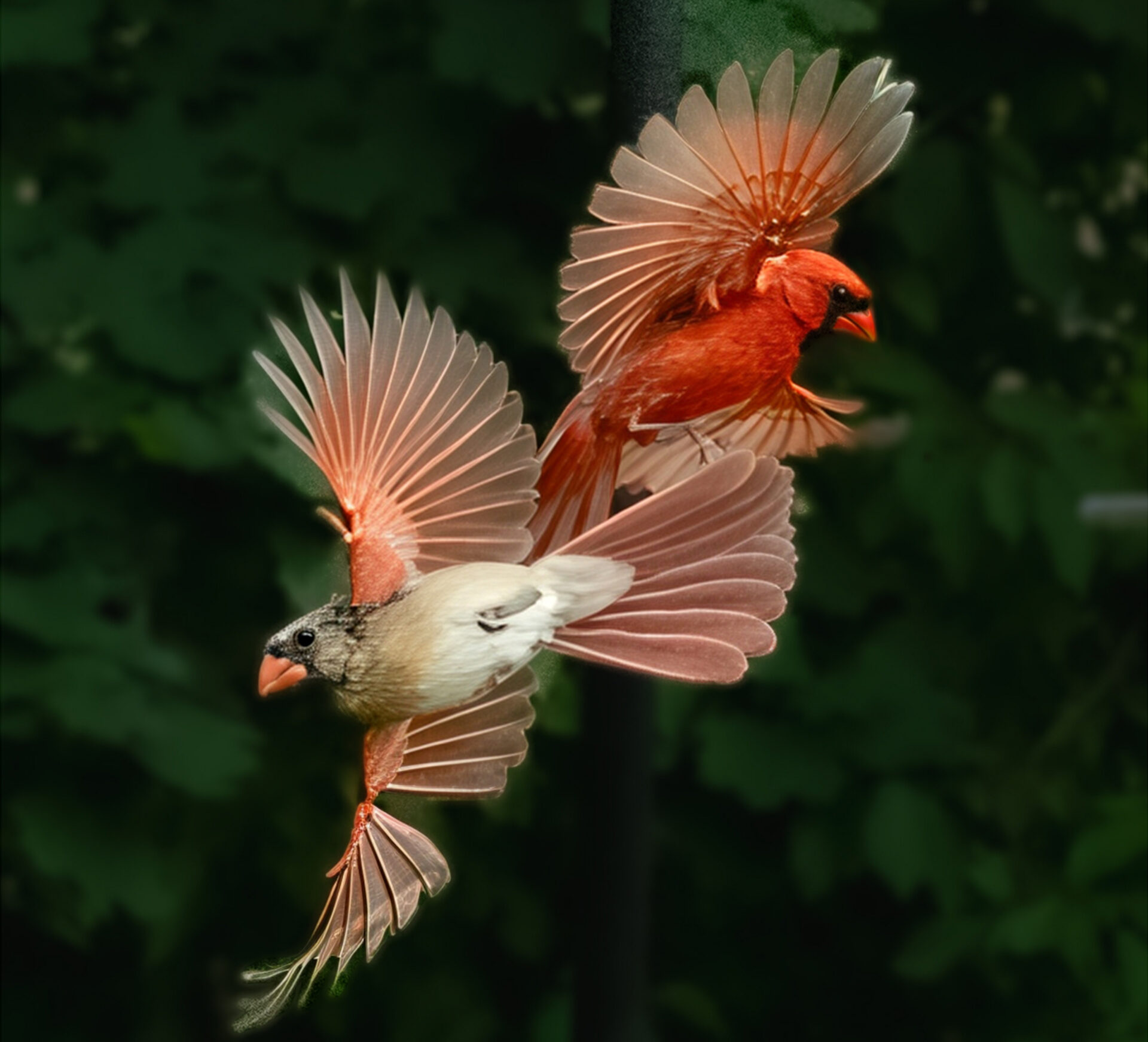 A pair of cardinals interacting with each other mid-air in Dresher, Pennsylvania. Submitted by: Allan Woolway