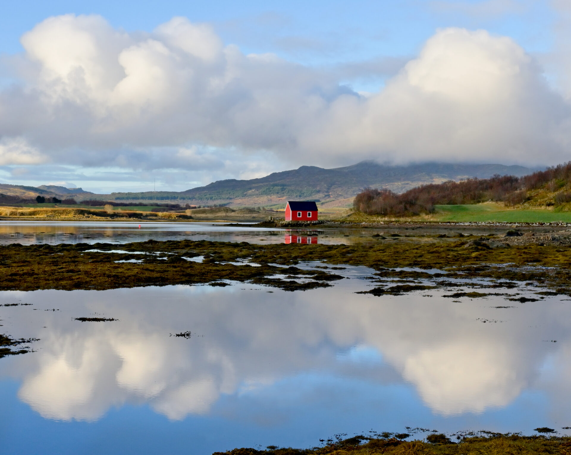 Late afternoon at Saltisen Lake in Norway's Lofoten Islands highlights a red hut in the pea bog. Submitted by: Karl Leck